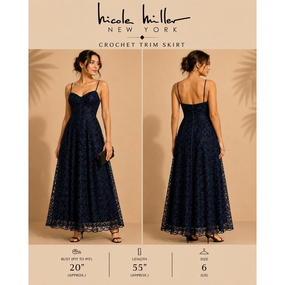 Nicole Miller New York Dress 6 Black Navy Blue Ribbon Lace Evening Gown Formal